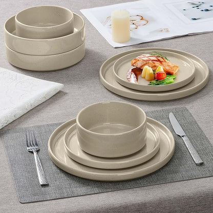 Herogo 24 Piece Dinnerware Sets with Double Bowls, Stoneware Plate and Bowls Set for 6, Ceramic Dinner Dishware for Kitchen Dining, Microwave & Dishwasher Safe, Speckled Khaki
