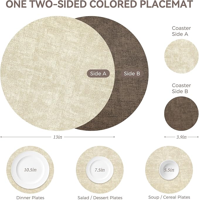 NCUE 13" Faux Leather Round Placemats Set of 4, Reversible Dual-Color | - Image 4