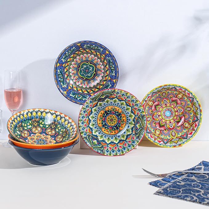 Henten Home Bohemian Ceramic 30 oz Ramen Bowl Set of 6 | Colorful design - Image 3