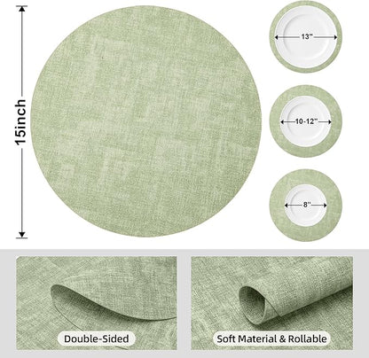 15 inch Faux Leather Round Placemats Set of 6 Non-Slip Washable Wipeable Table Mats, Heat Resistant Waterproof Oilproof Sage Green Place Mats for Kitchen, Dining, Party, Indoor, Outdoor