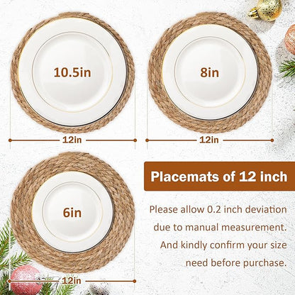 GENMOUS Woven Placemats Set of 12, 12" Round Placemats Natural Water Hyacinth Boho Placemats,Farmhouse Rattan Chargers for Dinner Plates, Rustic Braided Wicker Table Mats for Thanksgiving,Home,Wedding