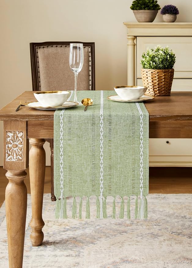 Hemstitched Farmhouse Table Runner, Sage Green 13x108 Inch, Cotton Linen Table - Image 2