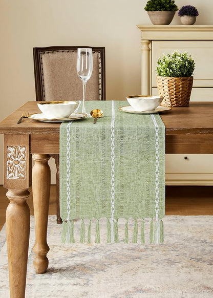 Hemstitched Farmhouse Table Runner, Sage Green 13x108 Inch, Cotton Linen Table - Image 2