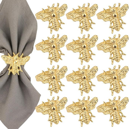 ALPHA Living HOME 12 Pcs Decorative Bee Napkin Rings - Metal Napkin Rings Table Decor Napkin Ring, Dining Cloth Napkin Holder, Farmhouse Napkin Ring, Modern Napkin Holders (Gold)