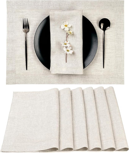 D'Moksha Homes Linen Placemats 14 x 19 Inch - Light Natural Placemats Set of 6-100% Pure Linen Table Place Mats for Valentines, Spring, Easter - Handcrafted and Machine Washable