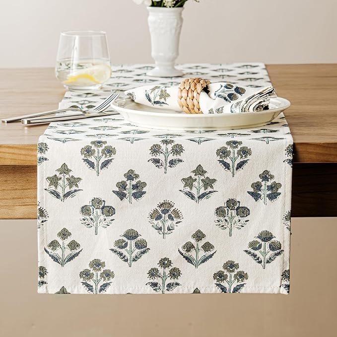 Block Print Floral Decorative Table Runners, 13x48 Inch Olive | 100% Organic by Unknown