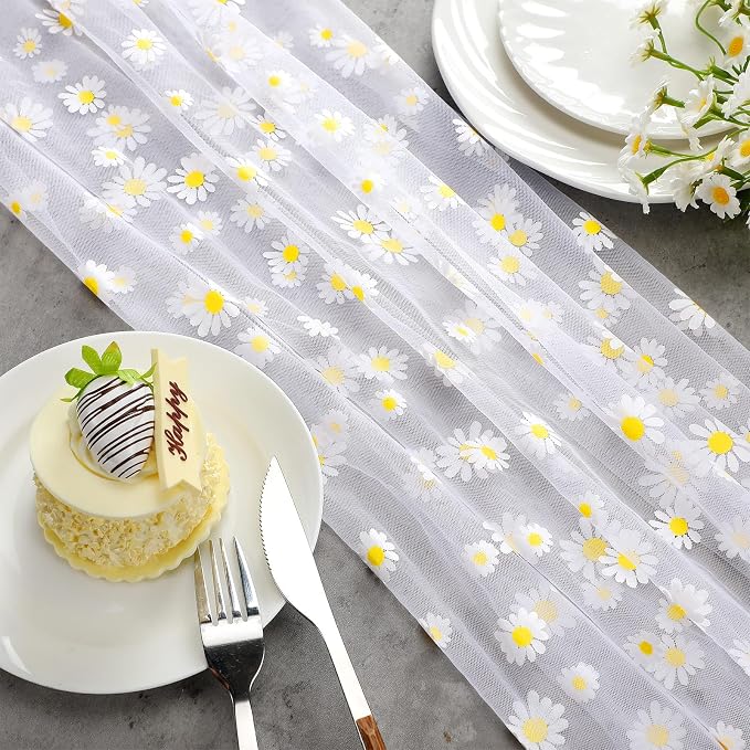 4 Pcs Daisy Table Runner 29 X70 Inch White Tulle Lace Table Cloth Florals - Image 6