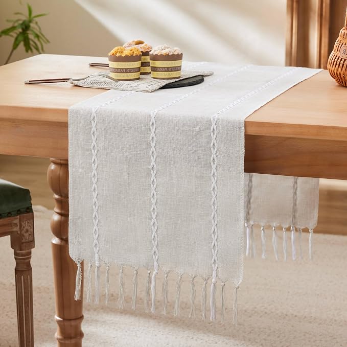Braided Farmhouse Table Runner, Braided Light Grey 13x90 Inch, Cotton Linen by Unknown