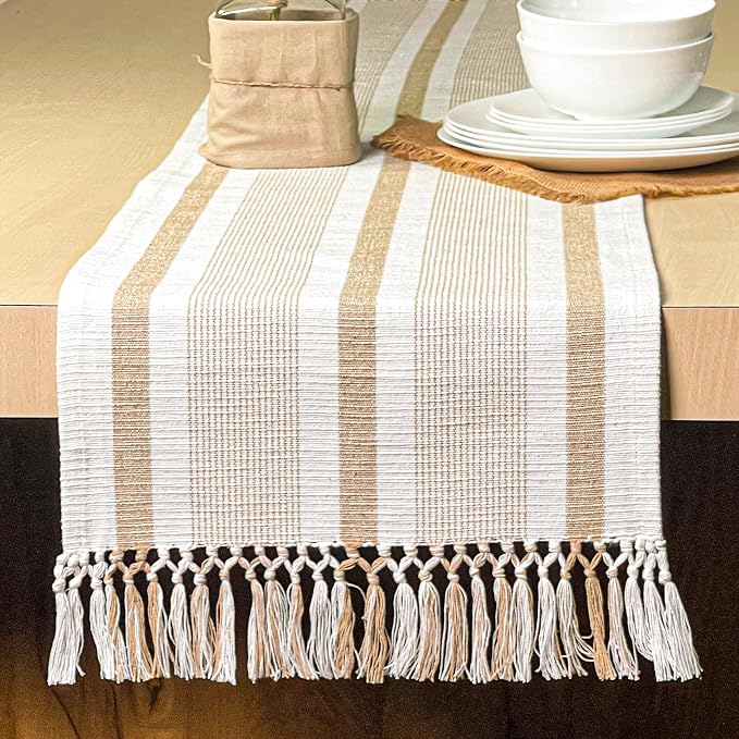 handspun Cotton Ivory & Beige Newport Table Runners, Handwoven Boho Table by ChardinHome