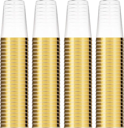 Munfix Gold Plastic Cups - 16 Oz Clear Tumblers with Gold Rim - Elegant Disposable Wedding & Party Cups