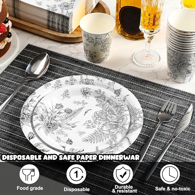 250 Pcs Black Disposable Plates and Napkins Floral Tableware Set - Image 4