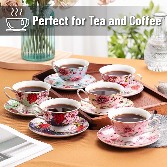 BTaT- Floral Tea Cups and Saucers, 8 oz, Fine Porcelain Teacup Set - Image 6