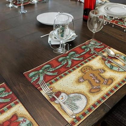 DaDa Bedding Gingerbread Snowman Sweets Placemats - Set of 4 Festive Christmas Wreath Holiday Tapestry - Cotton Linen Woven Dining Table Mats - 13” x 19” (12917)