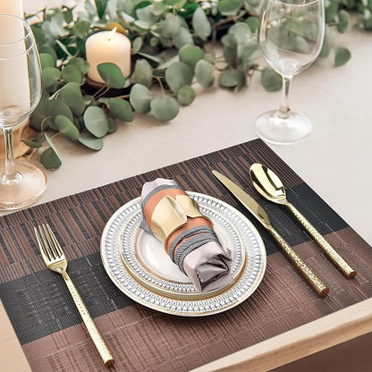 SLKQG Brown Placemats Set of 8 - Easy Clean Modern Durable Washable Vinyl Place Mats - Heat Resistant Placemats for Kitchen Table - PVC Table Mats for Dining Table (Brown Black, 8)