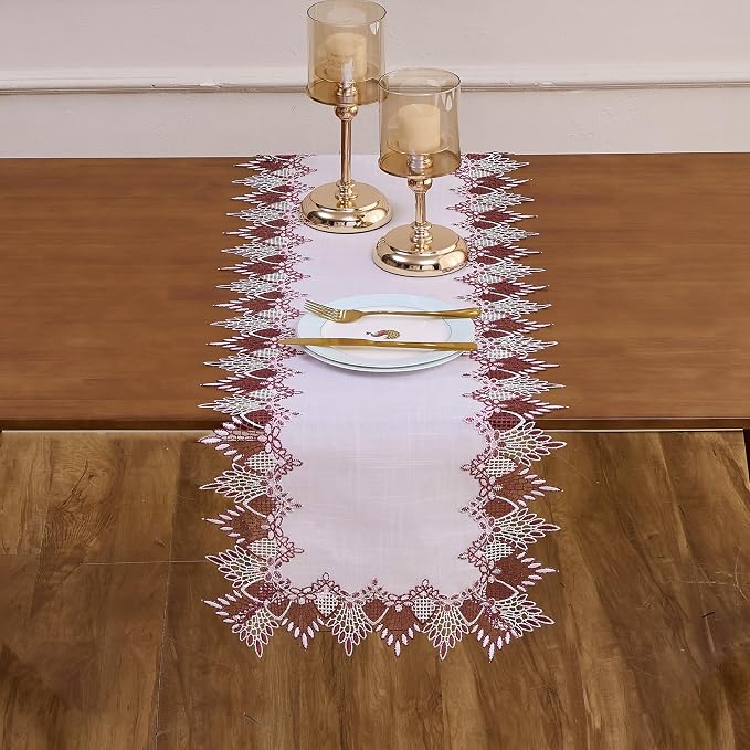 White Sheer Lace Table Runner Dark Red 54" Christmas Dresser Runners | - Image 2