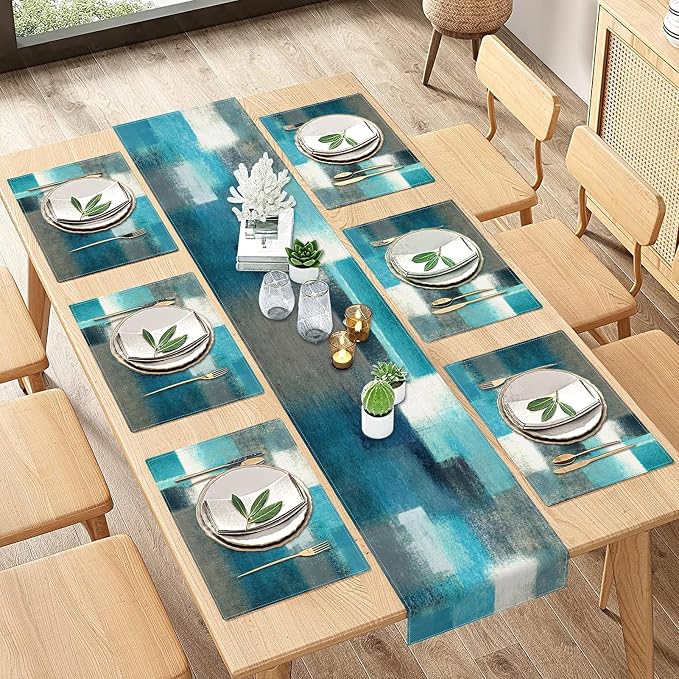 Emvency Table Runner and Placemats Set of 6, Farmhouse Abstract Teal | Grey - Image 5