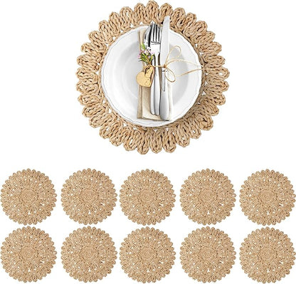 13.8" Corn Husk Woven Round Placemats Set of 10 - Wicker Boho Farmhouse Placemats - Rattan Table Mats Like Water Hyacinth for Dining Table, Wedding, Home