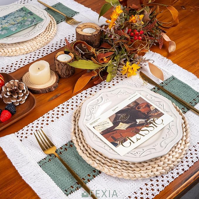 Sage Green Boho Placemats Set of 4 Table Mats Farmhouse Dining Decor | 12x20" - Image 4