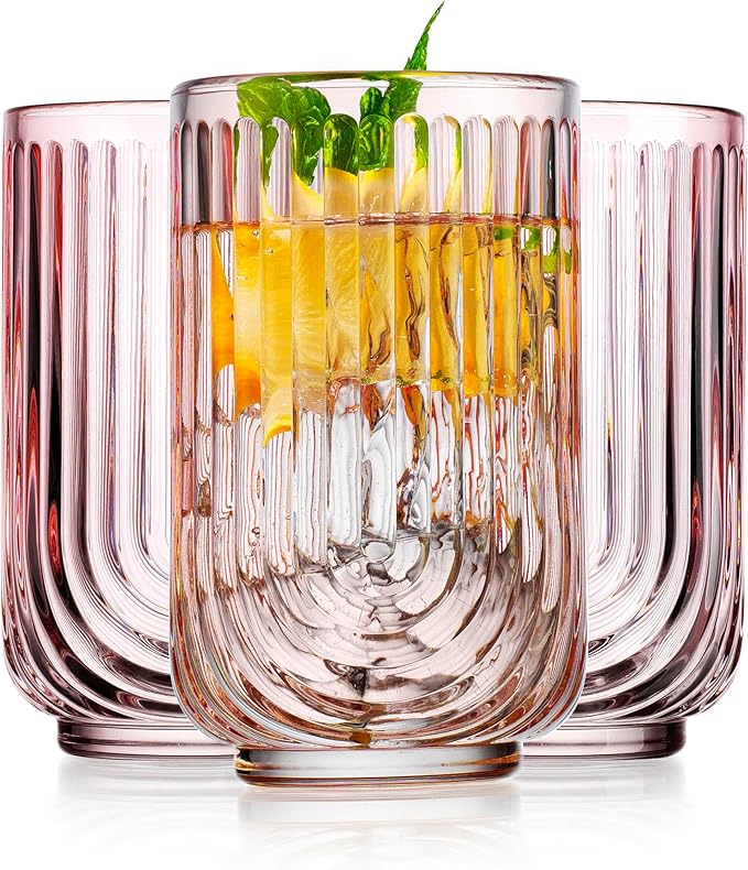 Glaver's Vintage Glassware Art Deco Glasse Ribbed Drinking Glasses U-Shape Arch Design Colored Cocktail Kitchen Tumblers Everyday Dinner Decorative Party (Pink S/4 17oz)