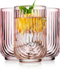 Glaver's Vintage Glassware Art Deco Glasse Ribbed Drinking Glasses U-Shape Arch Design Colored Cocktail Kitchen Tumblers Everyday Dinner Decorative Party (Pink S/4 17oz)