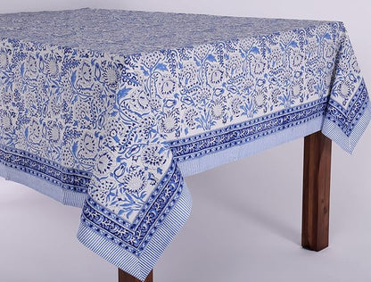 ATOSII Indigo Bloom 100% Cotton Rectangle Fall Tablecloth, Handblock Floral Linen Table Cloth for Dining Table I Parties Christmas Thanksgiving Grand Millennial Home Decor 72 X 140 Inches I 12 Seater