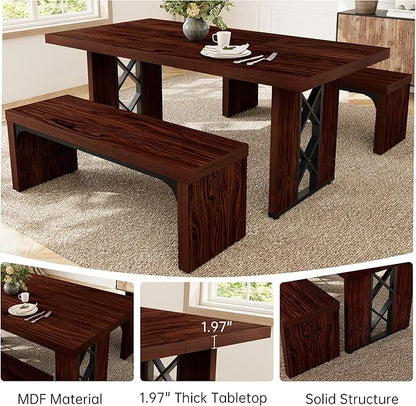 3-Piece Dining Table Set for 6 People, 70.8'' Rectangle Kitchen Table with 2 Benches for Breakfast Nook, Dining Room Furniture(Walnut Table+2 Benches)
