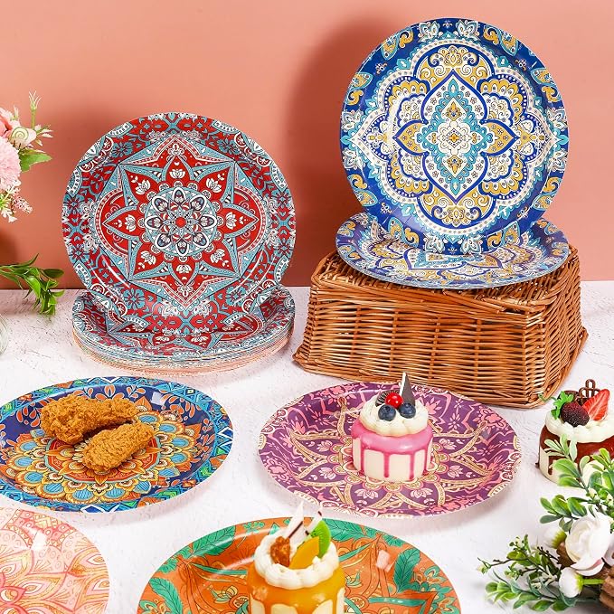 AnyDesign Boho Paper Plates Disposable Plates Vintage Bohemian Style Dessert - Image 4