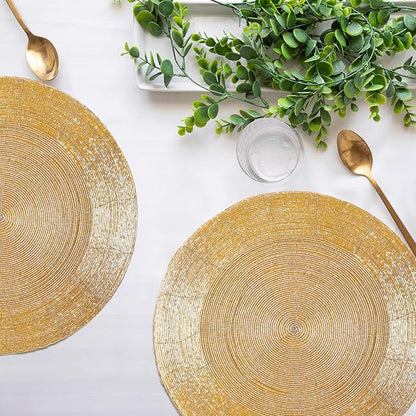 Lightnpro Champagne Beaded Placemats Set of 4-13 Inch Round Handmade Table Chargers - Rustic Farmhouse Glitz Table Décor for Dining, Christmas, Thanksgiving, Easter, Parties & Celebrations