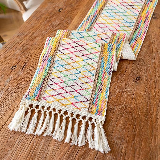 EMMTEEY Macrame Table Runner Boho Style 36 Inches Long, Hexagonal Colorful | - Image 3