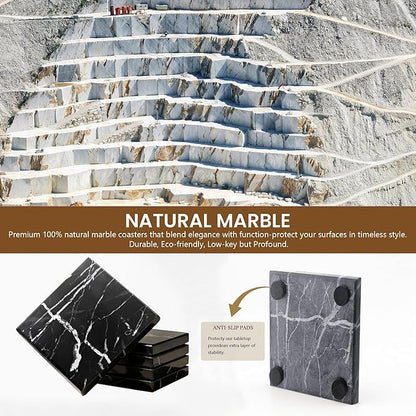 Natural Marble Coasters, Square Costers, Luxury Aesthetic Modern Decor for Coffee Table Bar Kitchen Home, Black Marble, Real Natural Semi Absorbent Stone Coasters