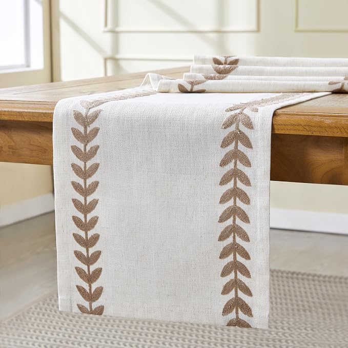 Linen Embroidered Table Runner, Taupe Table Runners 108 Inches Long | Linen - Image 5