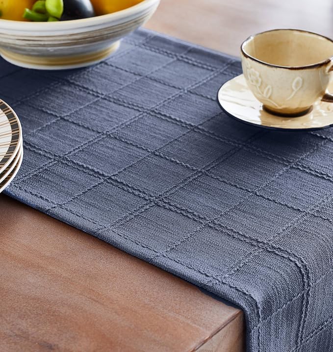 Linen Checked Farmhouse Table Runner, 13x108 Inches Blue | Raised Grid Design - Image 5