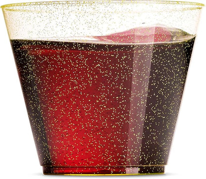 100 Glitter Plastic Cups - 9 Oz Clear Plastic Cups Old Fashioned Tumblers -Gold - Image 2