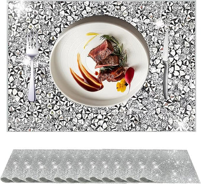 Silver Heat Resistant Square Placemats - Set of 12 with Rhinestone Decor and Sparkly Bling