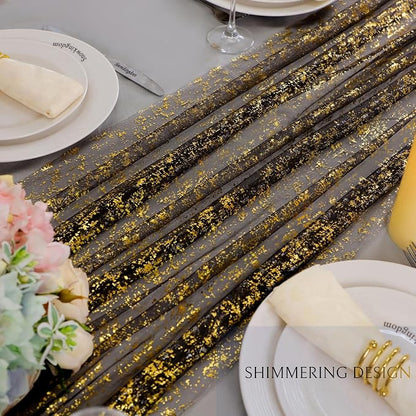 Snowkingdom 3 Pcs Black Gold Gauze Table Runner 10 FT 120 Inch, Sparkle Sheer - Image 3
