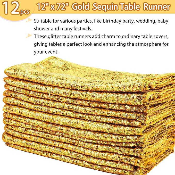 12 Packs 12 X 72 Inch Gold Sequin Table Runner Glitter Dining Table Runner - Image 2