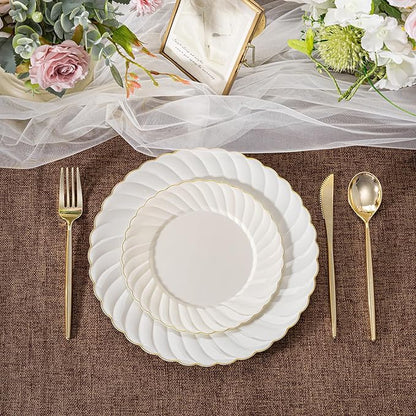 U-QE 60 Pcs Ivory Plastic Plates with Gold Trim – Scalloped Plate Disposable for Party - Elegant Plastic Plates Include 30 10.25" Dinner & 30 7.25" Dessert Plates for Party & Valentines Day