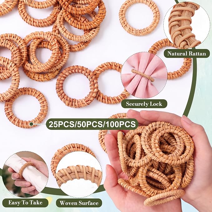 50 Pcs Boho Woven Rattan Napkin Rings Bulk Rustic Style Round Dining Table - Image 3