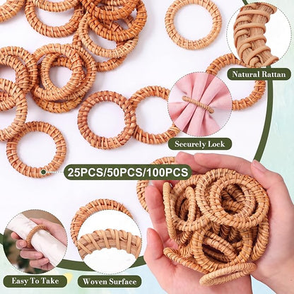 25 Pcs Boho Woven Rattan Napkin Rings Bulk Rustic Style Round Dining Table - Image 3