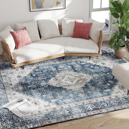 HOMCOM Washable Area Rug, 8'x10' Vintage Indoor Distressed Carpet, Retro Floor Cover Foldable, Floral Print Mat for Living Room, Bedroom, Dining Room, Blue