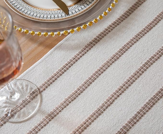 Caflife Boho Table Runner 108 Inchs Long Taupe and Beige, Cotton and Linen Woven - Image 3