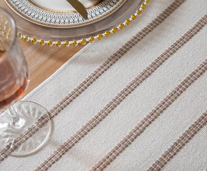 Caflife Boho Table Runner 108 Inchs Long Taupe and Beige, Cotton and Linen Woven - Image 3