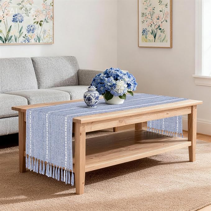 Dusty Blue Table Runner 15 x 72 Inches, Spring Summer Cotton Linen Farmhouse - Image 6