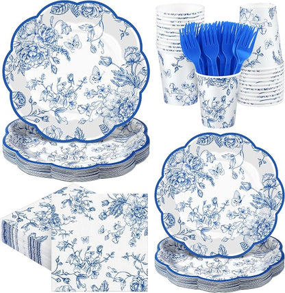 Kochorie 144 Pieces Blue Floral Paper Plates and Napkins Party Supplies by Kochorie