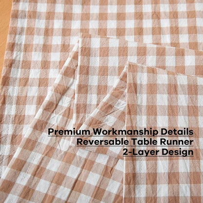 Taupe White Plaid Gingham Ruffle Table Runner 72 inches Long 100% Washed Cotton - Image 5