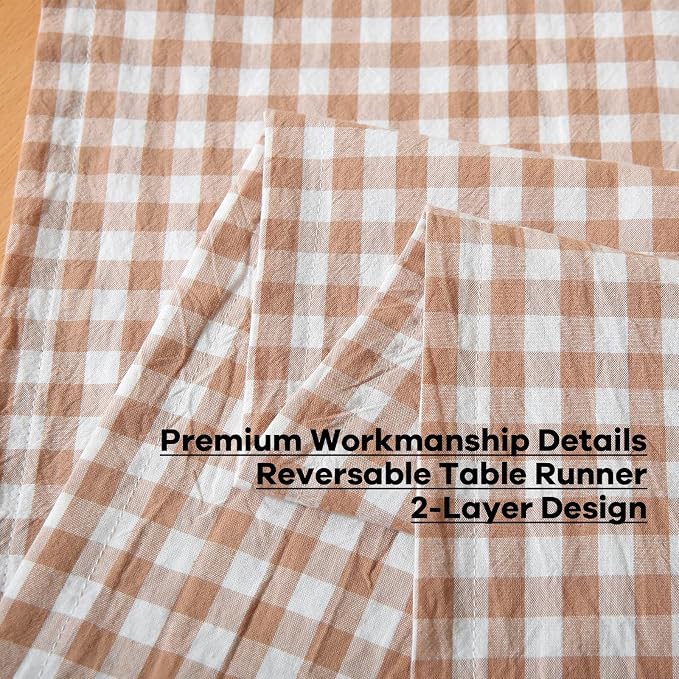Taupe White Plaid Gingham Ruffle Table Runner 90 inches Long 100% Washed Cotton - Image 5