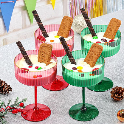 24 PCS Plastic Ribbed Martini Glasses 10 oz Detachable Gold Rim Red Ribbed Coupe Glasses Vintage Christmas Martini Cocktail Glass for Bar,Margarita,Gin,Tequila, Desserts and Snacks