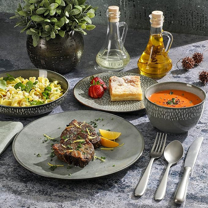 Gibson Elite Matisse 16-Piece Double Bowl Dinnerware Set, Service for 4 – Green Stoneware Plates and Bowls