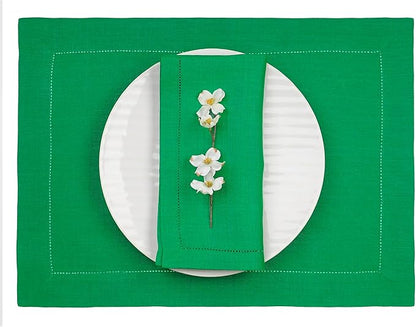 D'Moksha Homes Linen Placemats Set of 4 - Classic Hemstitch Kelly Green Placemats 14 x 19 Inch - 100% Pure Linen Table Mats for St Patricks Day, Easter - Handcrafted and Machine Washable