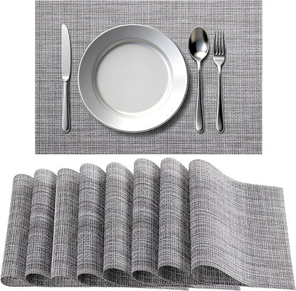 Timeet Placemats Set of 8, Heat Resistant Non-Slip Place Mats, Durable Washable PVC Vinyl Woven Table Mats, Linen Textured Table Placemats for Dining Kitchen Resistant Easy to Clean(Gray)